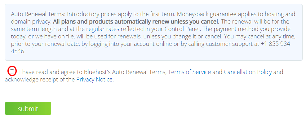 Bluehost terms of service submission button